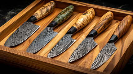 Artisan Knives Collection: A close-up shot showcases a set of beautifully crafted artisan knives with unique wooden handles, arranged neatly on a wooden tray. the blades shimmer.