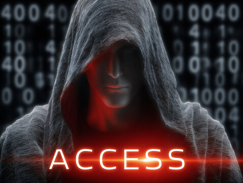 Mysterious Access: A cloaked figure emerges from shadows, their identity concealed, with the word "ACCESS" illuminated, hinting at a breach or unauthorized entry in a digital realm.
