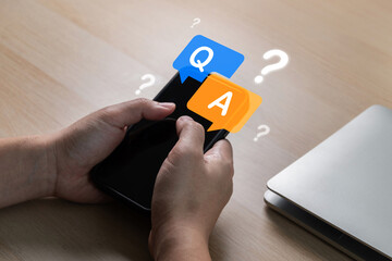 Online customer support service concept. user customer people using mobile smartphone with Q and A...