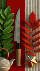 Culinary Harmony: A chef's knife, alongside tea and decorative leaves, creates a composition of culinary elements, inviting viewers to savor the essence of fine dining.