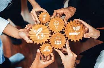 Collaborative Hands Uniting for Sustainable Business Practices Featuring Eco-Friendly Icons on...
