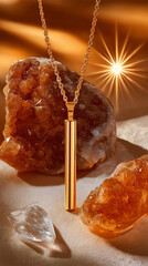 Golden Bar Necklace: Elegant gold bar necklace on a chain rests on a bed of amber crystals, bathed in warm, radiant light.  