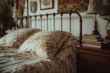 A close-up photo of an elegant metal bed with floral-patterned bedding