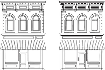 Two Black and White Line Drawings of a Two Story Building with Awning