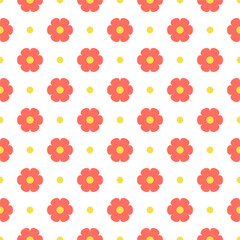 Seamless floral pattern featuring coral flowers with yellow centers in flat cartoon style on white background. Vector