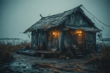 An atmospheric scene of an old, weathered wooden shack with a thatched roof, illuminated by warm light amidst a marshy, waterlogged landscape creating a captivating and moody ambiance .