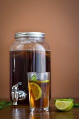 Kombucha with kombucha and mint on a rustic table