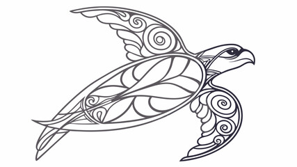 Stylized sea turtle illustration with intricate line work and decorative spiral elements in black and white design