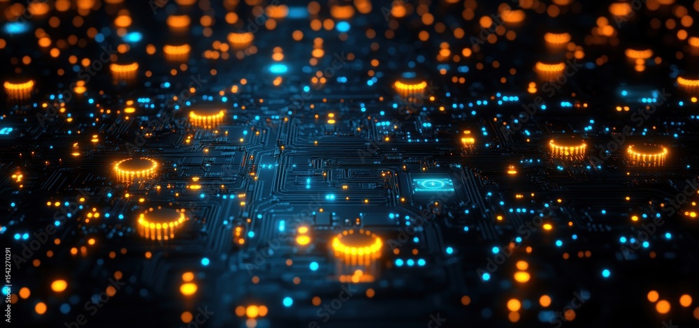 Poster abstract circuit board with glowing components