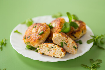 Chicken cutlets with a crispy crust isolated on a green background