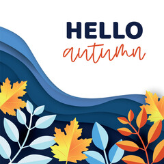 Colorful autumn leaves with a blue wave background and the text 'Hello Autumn'. The design features various leaf shapes in orange, yellow, and blue hues.
