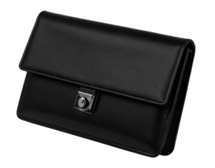 Black Textured Leather Envelope Clutch with Shadow, isolated on transparent background