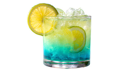 Refreshing tropical cocktail with blue and yellow tones garnished with fresh lemon slices
