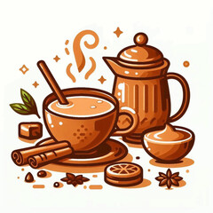 Teathemed still life featuring a cup pot spices and sugar in warm cartoonstyle illustration