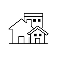 Three buildings two houses one apartment simplified black  white line drawing on a white background