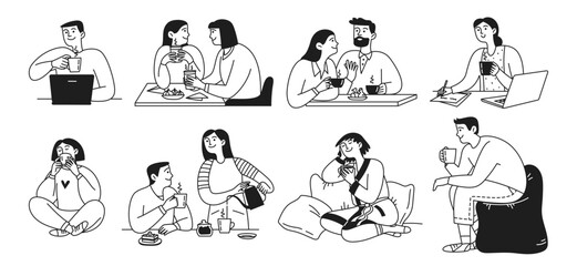 Doodle set men and women drinking coffee in cafe, restaurant, home. Communication of people over a cup of coffee, tea. Hot drink. Vector isolated illustration