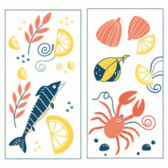 Сollection of cute summer Mediterranean posters, cards templates with lemons, seashells, sardines pattern, lobster and seafood typography design. Trendy summer design for branding, ads, print, decor  