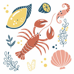 Сollection of cute summer Mediterranean posters, cards templates with lemons, seashells, sardines pattern, lobster and seafood typography design. Trendy summer design for branding, ads, print, decor  
