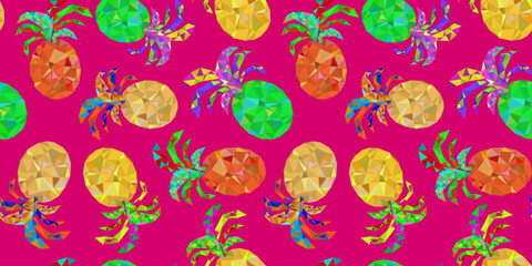 low poly pineapple seamless pattern geometric tropical fruit design with vibrant colors on a dark pink background for summer textiles