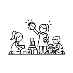 Three childlike figures play with balls blocks  teddy bears in a simple unadorned scene