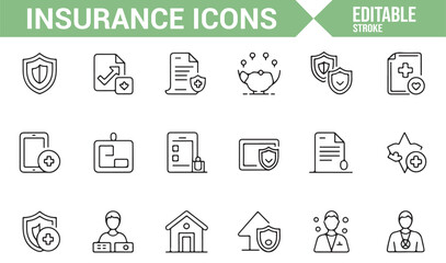 Simple Insurance Icons for Business and Legal Use: Shield, Protection, and Claims