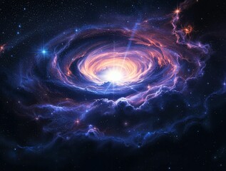 Obraz premium Radiation beam illuminates swirling nebula with vibrant gas clouds and intense glow