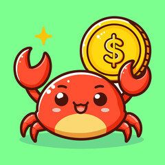 A cheerful cartoon crab holding a golden coin with a dollar sign.