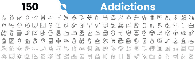 Set of 150 outline addictions icons. Vector illustration