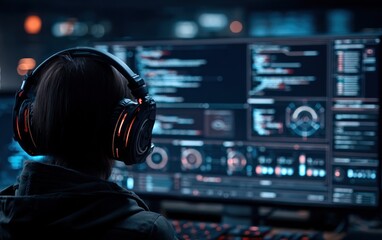 Woman focused on multiple computer screens displaying complex code