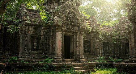 Naklejka premium Ancient Ruins of Overgrown Temple in Lush Jungle Setting