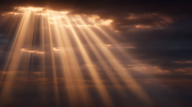 Fototapeta Golden light rays through clouds, divine guidance metaphor