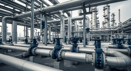 Industrial pipes and valves at a modern refining plant. Large-scale infrastructure for chemical, oil, or gas processing.