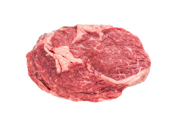 Raw Rib eye steak of marbled grain-fed beef isolated on white background