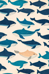 Hundreds of small whales in a retro decoration texture, ideal for interior and packaging design.