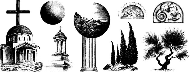 Naklejka premium Byzantine architecture elements with dome, cross, columns, and nature scenes
