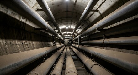 Underground concrete tunnel featuring multiple industrial pipes and bright lights. Utility infrastructure for urban systems.