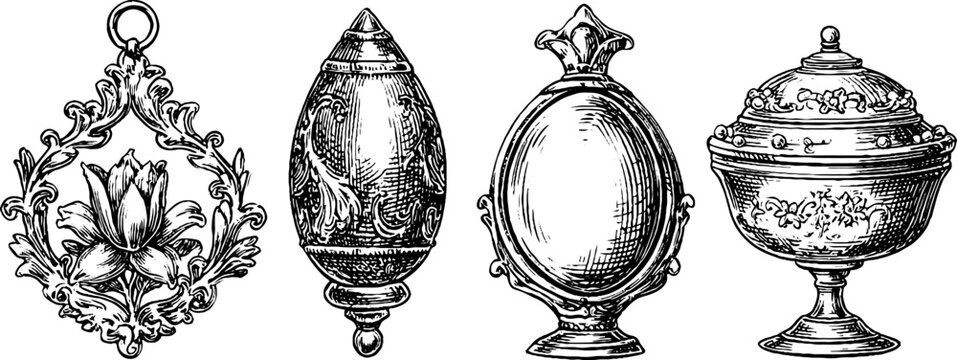 Antique jewelry and decor collection featuring byzantine enameled pendants and victorian motifs