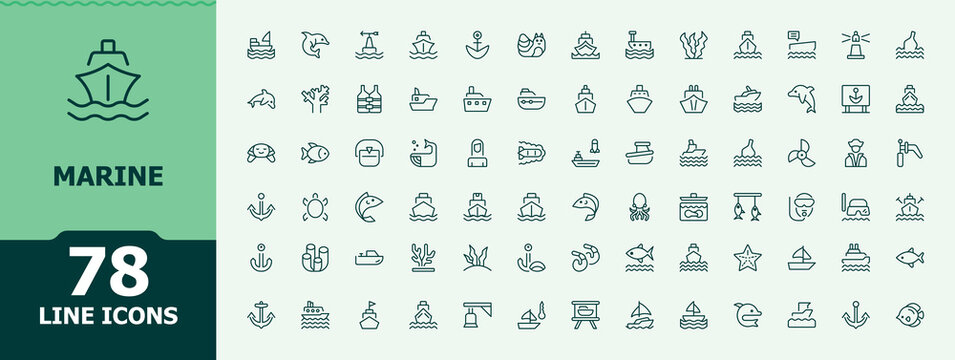 Marine related icon set. Minimal icons pack. Contain linear symbols sea, transportation, maritime, ship, vessel, nautical, shipping. Editable stroke. Pixel Perfect. Ship icon collection. - Powered by Adobe