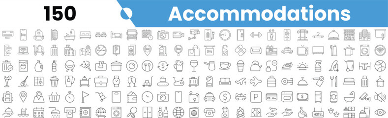 Set of 150 outline accommodations icons. Vector illustration