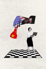 Trend artwork design 3D collage of young lady stand work laptop chess board usa hand hold figure...