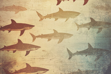 Vintage artistic wallpaper design, soft retro hues, decorative texture with small sharks