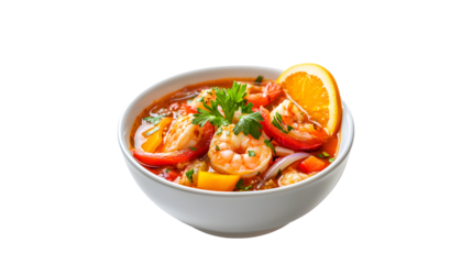 Delicious shrimp soup served in a white bowl garnished with orange and fresh herbs
