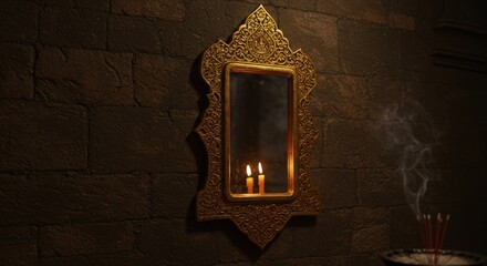 Vintage ornate mirror with candles and incense in dim light