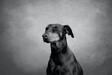 doberman black and white studio portrait