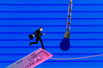 Sketch image trend artwork montage 3D photo collage of young man run retro keyboard hold cup chain...