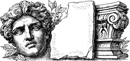 Ancient greek artifacts with cracked inscription and decorative pillar design