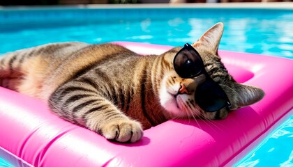 A relaxed tabby cat lounging on a pink float in a swimming pool. The cat wears black sunglasses and enjoys a sunny day by the water.