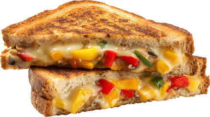 Delicious grilled cheese sandwich with colorful vegetables on a rustic background