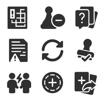 Board Game Fix Icons. Solid style icons of board game errors and fixes: misprint icon, missing token, rule FAQ, errata document,