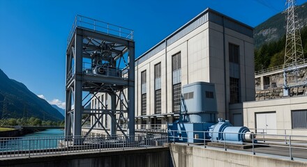 Hydropower plant building with machinery at high mountain and river. Power generation infrastructure. Industrial facility for clean energy.